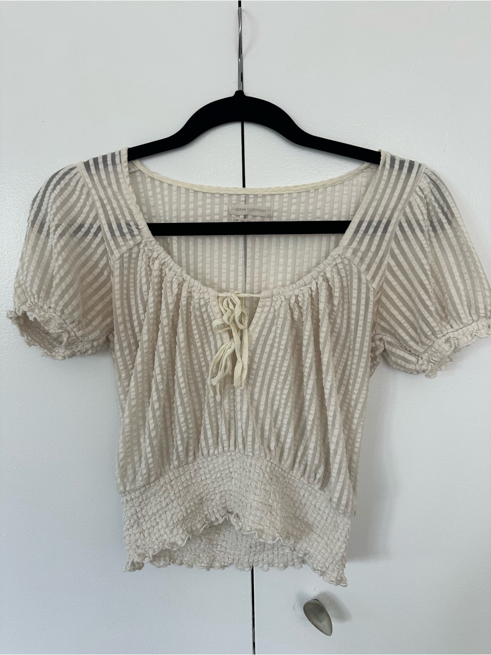 Urban Outfitters Cream Striped Tie-Front Puff Sleeve Top